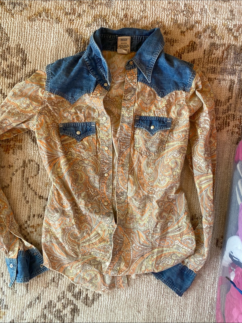 True Religion Paisley Western Shirt with Denim Yoke - Orange, Tan, Blue
